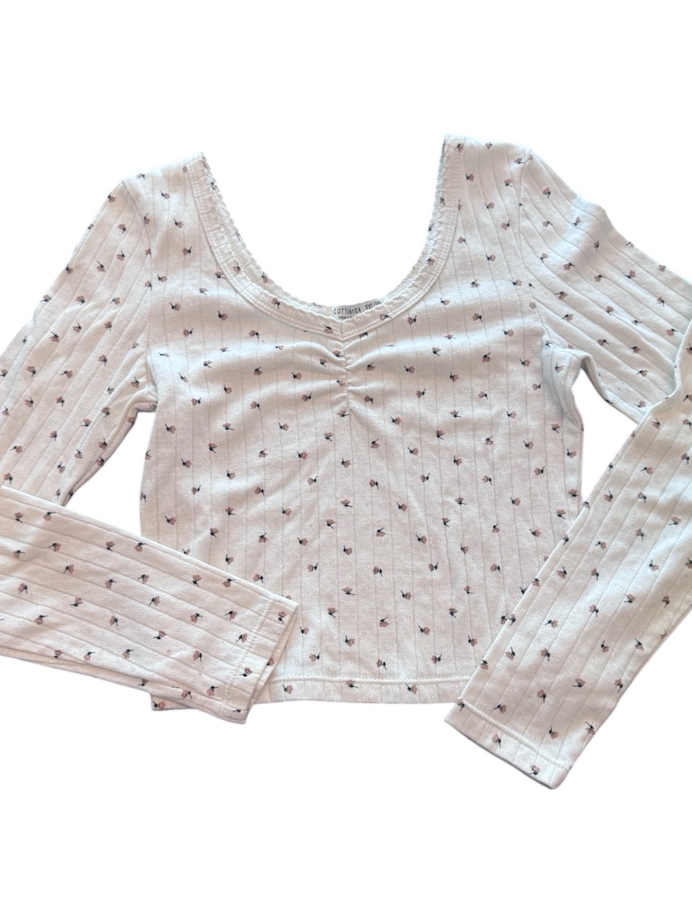 Cotton On Women's White Ribbed Long-Sleeve Scoop Neck Top Micro Floral Print